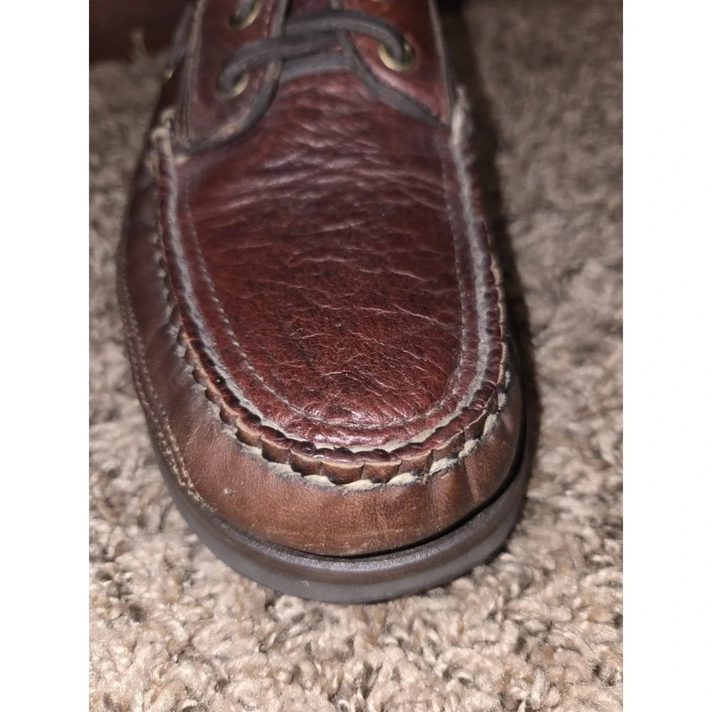 LL Bean Allagash Bison Leather Hand Sewn Boat Shoes Brown Mens Size 7 EE Wide